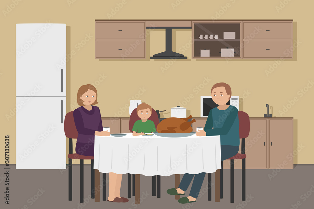 Thanksgiving dinner. Roast turkey on table. Vector illustration.