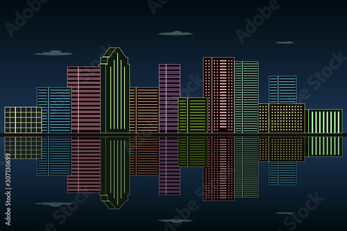 Reflection skyscrapers in water. Night urban skyline. Vector illustration.