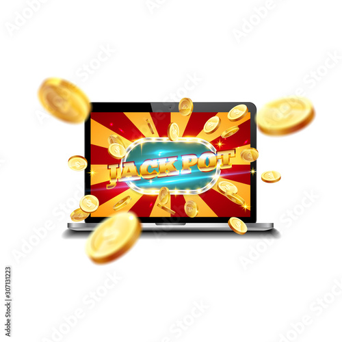 Bright retro banner for online casinos, poker, roulettes or slots. Coins are falling from the laptop.