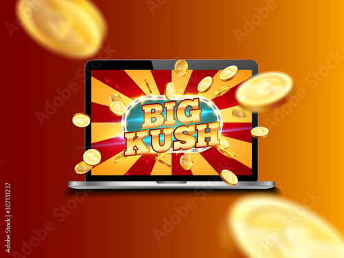 Bright retro banner for online casinos, poker, roulettes or slots. Coins are falling from the laptop.