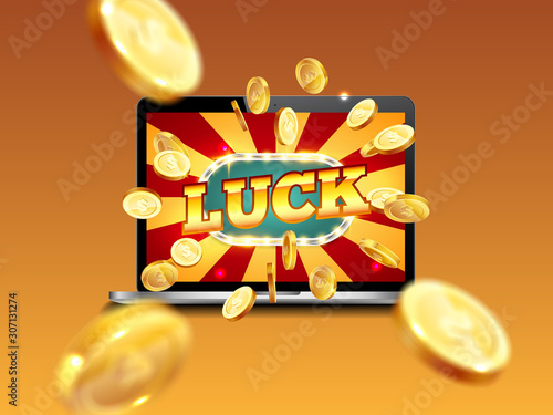 Bright retro banner for online casinos, poker, roulettes or slots. Coins are falling from the laptop.