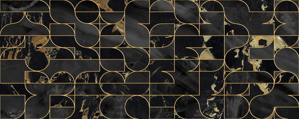 Fotobehang Cirkels patronen Zwart marmer met gouden lijnen  © Artem