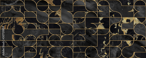 Seamless pattern design with golden geometric lines, black marble surface, modern luxurious background