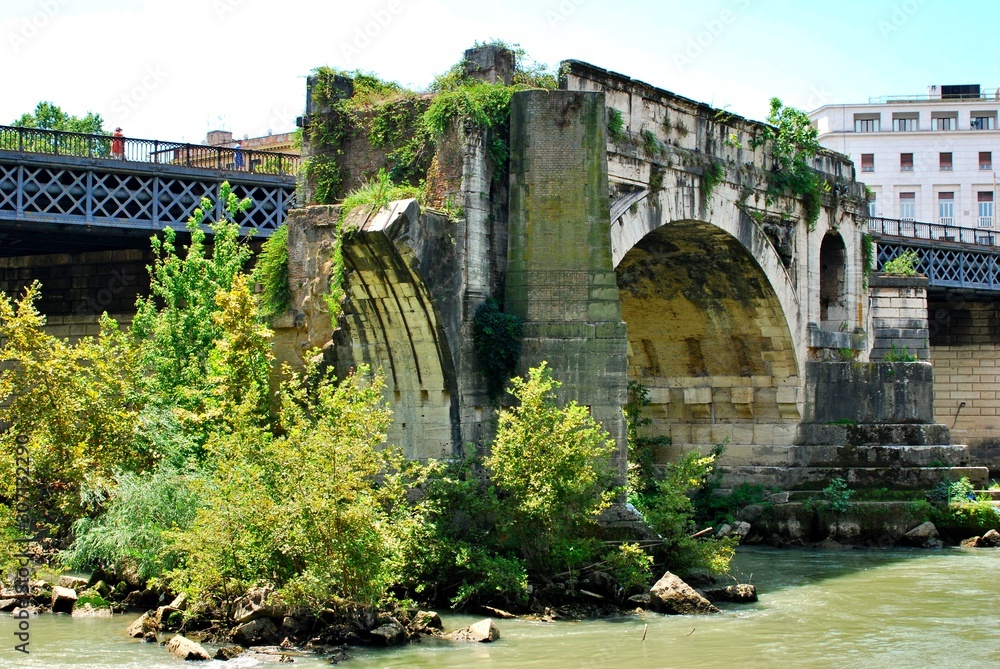 Ruins of the old Ponte Rotto, on the Tiber river in Rome