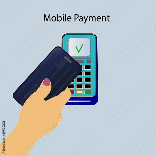 hand holds mobile phone, terminal contactless payment.