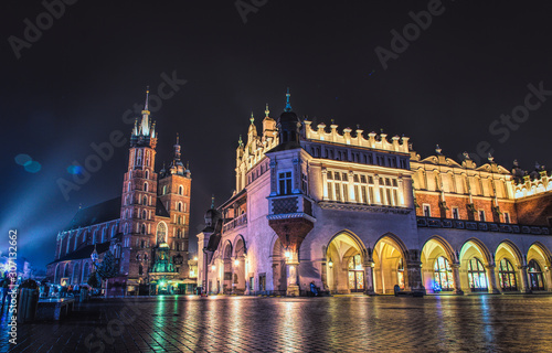 Historic ancient market square in Krakow. Cloth Hall and Mariacki Church