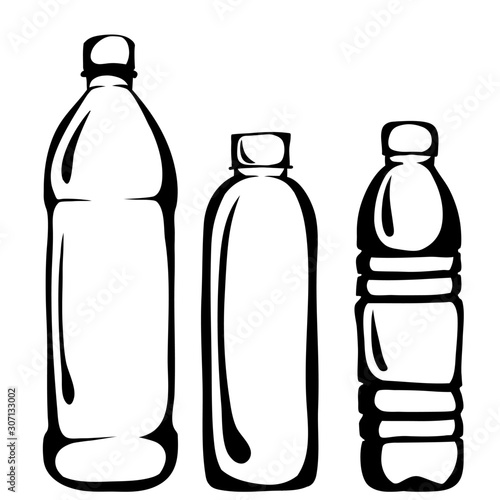 Plastic bottles, line art, vector.