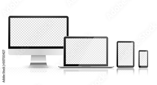Blank computer monitor, phone, tablet and laptop. Device set with empty screen. Realistic set of monitor, laptop tablet, smartphone grey color