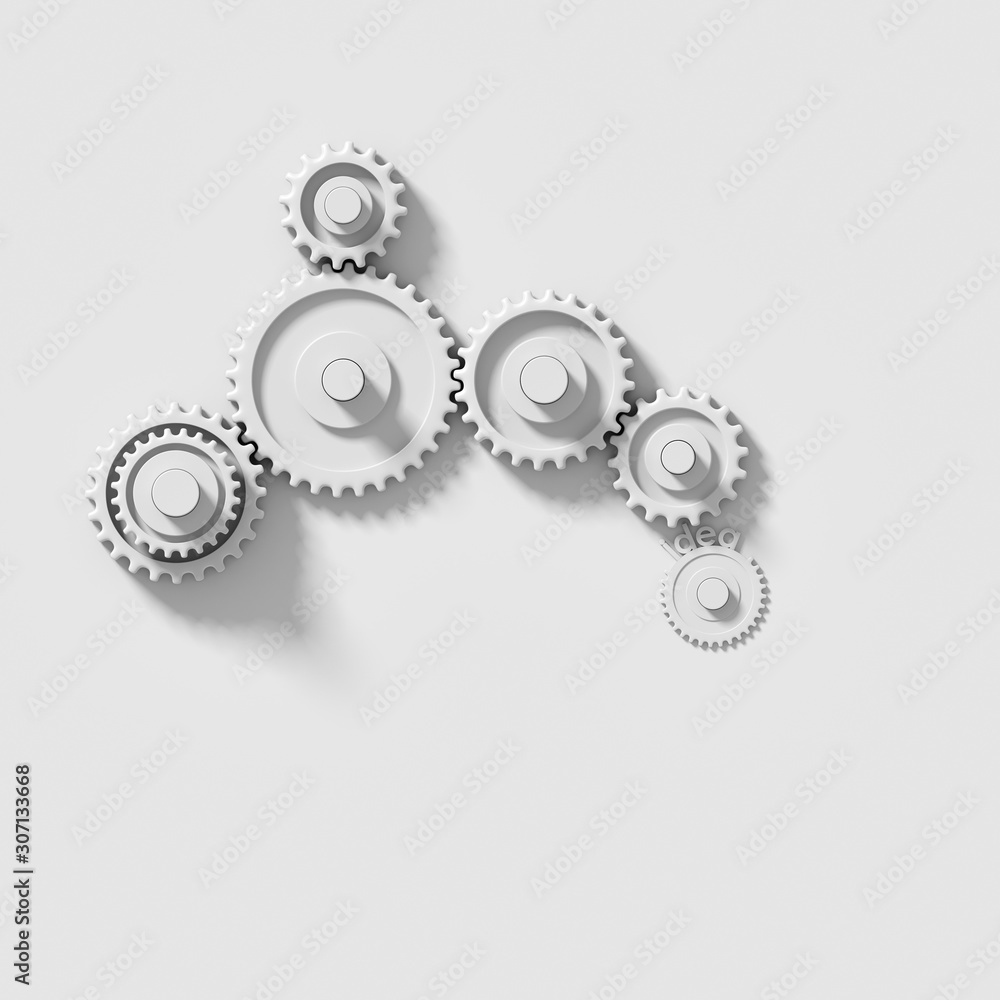 White gears and cogs working together on white background with copy space; concept of mechanism moved by an idea 3d rendering, 3d illustration White gears and cogs working together on white background with copy space; concept of mechanism moved by an idea 3d rendering, 3d illustration