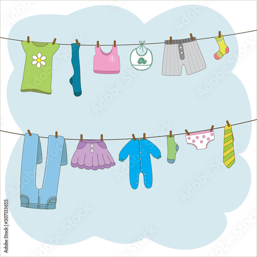 Clean clothes hanging on clothesline. Trousers, pants, skirt, sock, tie, t-shirt on clothes rope. Vector illustration in cartoon style