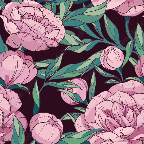 seamless floral vector pattern with pink peonies. flowers and buds with green leaves on a dark background.