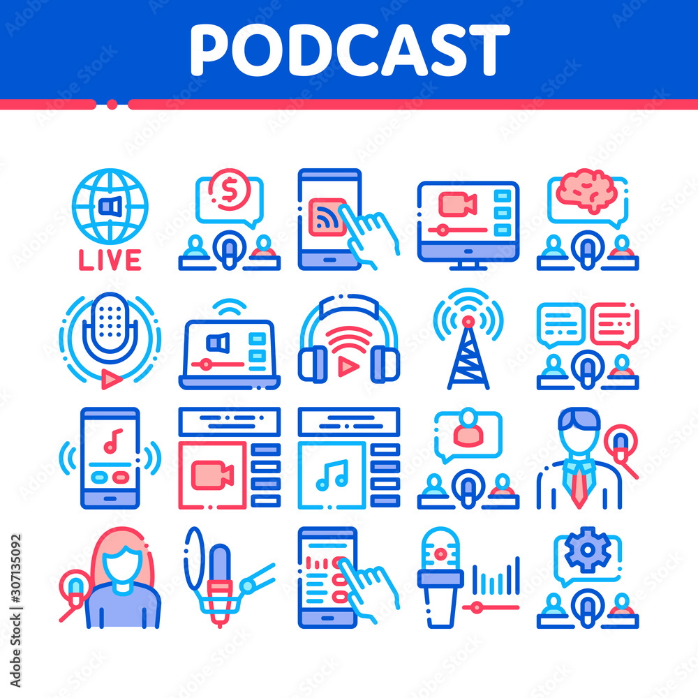 Podcast And Radio Collection Icons Set Vector Thin Line. Internet Global Live Broadcasting Podcast, Headphones, Microphone And Antenna Concept Linear Pictograms. Color Contour Illustrations
