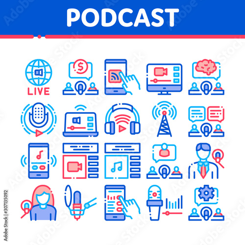 Podcast And Radio Collection Icons Set Vector Thin Line. Internet Global Live Broadcasting Podcast, Headphones, Microphone And Antenna Concept Linear Pictograms. Color Contour Illustrations