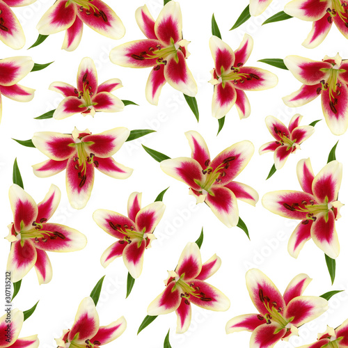 Seamless pattern with lily flowers and green bud