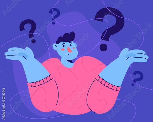 A man shrugs, shows helpless gesture and spread his hands. Character with question marks, thinking guy. Vector design illustrations