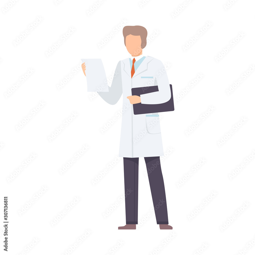 Male Doctor Character with Clipboard, Professional Medical Worker in White Lab Coat Vector Illustration Male Doctor Character with Clipboard, Professional Medical Worker in White Lab Coat Vector Illustration