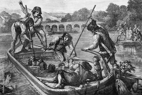 The drownings in the Loire during the Terror. French revolution. 1793. Antique illustration. 1890.