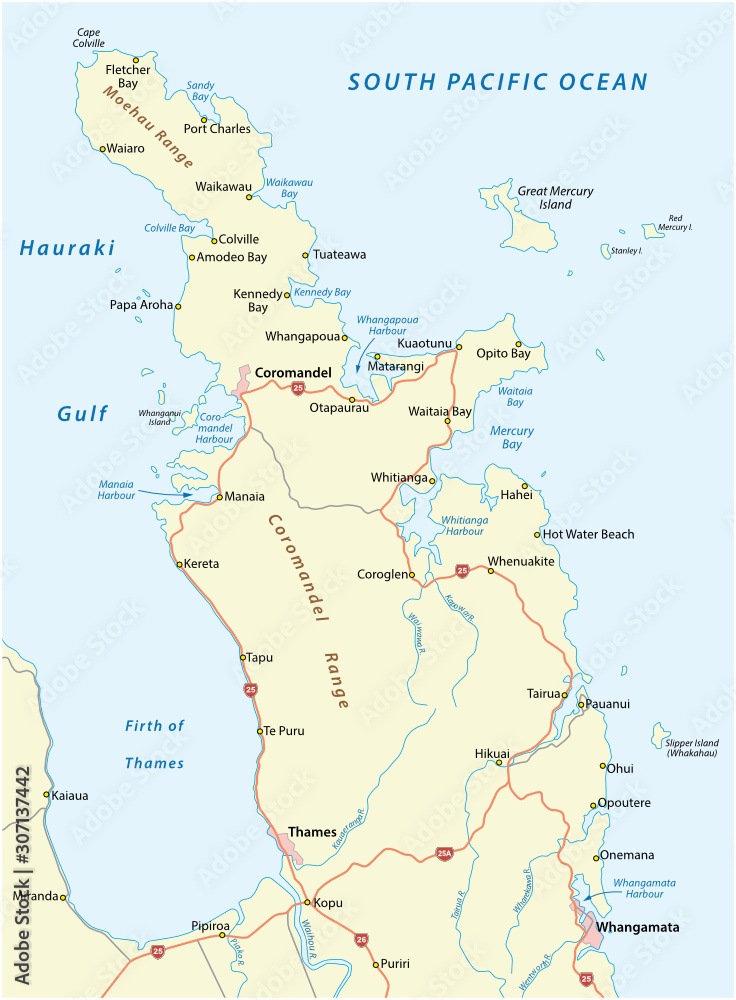 Road map of New Zealand coromandel peninsula