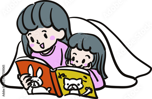 寝る前に絵本の読み聞かせをする親子のイラスト Stock Vector Adobe Stock