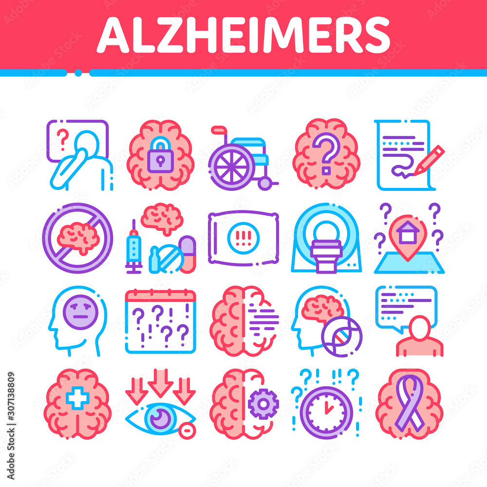 Alzheimers Disease Collection Icons Set Vector Thin Line. Brain And Drugs, Wheelchair And Man Silhouette With Alzheimers Illness Concept Linear Pictograms. Color Contour Illustrations Alzheimers Disease Collection Icons Set Vector Thin Line. Brain And Drugs, Wheelchair And Man Silhouette With Alzheimers Illness Concept Linear Pictograms. Color Contour Illustrations