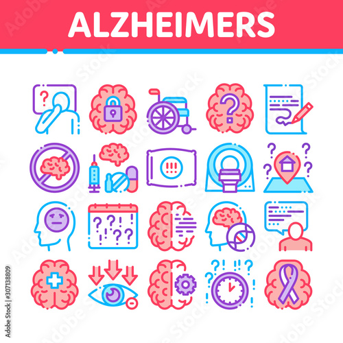 Alzheimers Disease Collection Icons Set Vector Thin Line. Brain And Drugs, Wheelchair And Man Silhouette With Alzheimers Illness Concept Linear Pictograms. Color Contour Illustrations