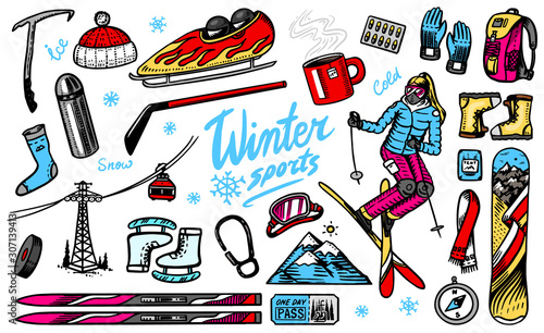 Winter sports season. Vintage Snowboarding and skiing, jumping athlete, mountain cableway, funicular or ropeway, skates, warm clothes for outdoor activities. Hand drawn vector background Doodle style.