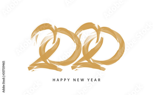 2020 happy new year card, banner. Creative holiday poster. Hand drawn design gold numbers. Handwritten modern brush lettering background isolated vector. Style neo-geometric conceptualism