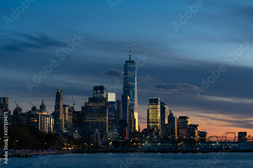 Nighttime Skyline of the New York City Financial District along the Hudson River