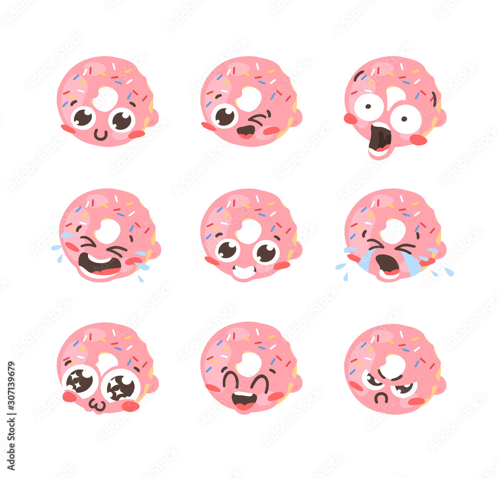 Obraz premium Cartoon drawing set of fast food emoji. Hand drawn emotional meal.Actual Vector illustration american cuisine. Creative ink art work donut