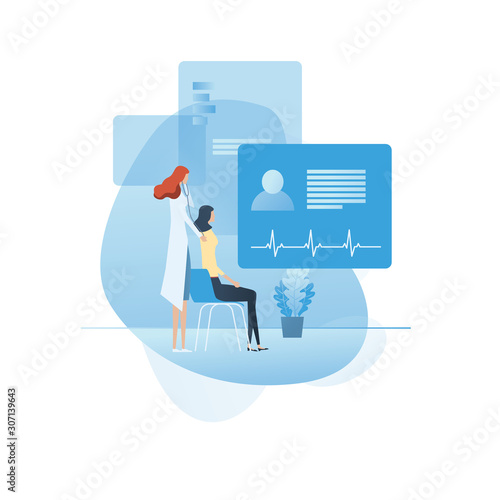 Doctor visit, medical, exam, consultation or checkup concept, female doctor, female patient. Medicine illustration, isolated background.