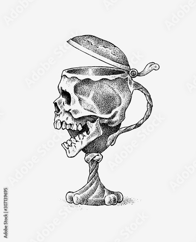 Human skull in the form of a wine goblet. Retro old school sketch for tattoo in vintage style. Monochrome Symbol. Hand drawn engraved retro badge for t-shirt, banner, poster and logo.