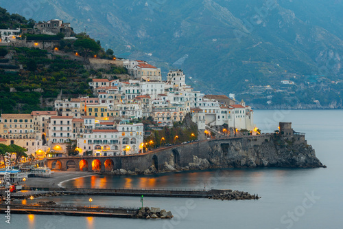 Amalfi cityscape on coast of mediterranean sea in the morning, Italy.