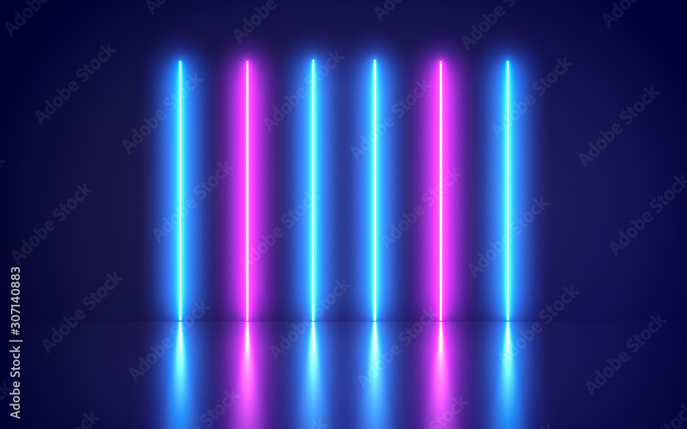 Futuristic Abstract Blue And Purple Neon Line Light Shapes On colorful background and reflective With Empty Space For Text - render. Futuristic Abstract Blue And Purple Neon Line Light Shapes On colorful background and reflective With Empty Space For Text - render.