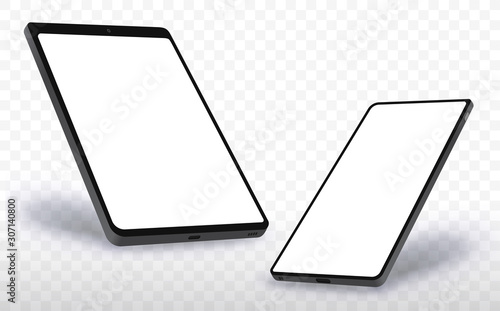 Tablet PC and Mobile Phone Vector Illustration Concept With Black Frame and White Screen. Easy Editable Perspective View and Transparent Background