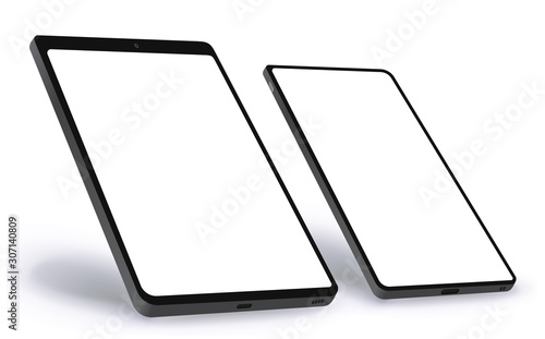 Tablet Computer and Mobile Phone Vector Illustration Concept With Black Frame and White Screen. Easy Editable Perspective View and Transparent Background