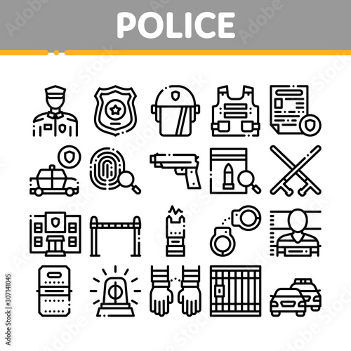 Police Department Collection Icons Set Vector Thin Line. Policeman Silhouette, Police Badge And Body Armor, Helmet And Gun And Truncheon Concept Linear Pictograms. Monochrome Contour Illustrations