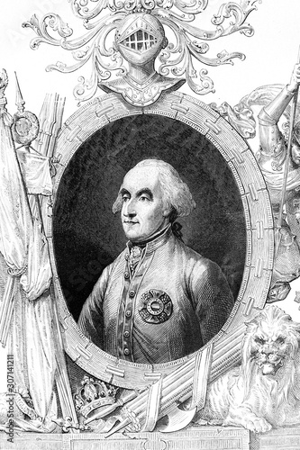 François Sebastien Charles Joseph De Croix, count of Clerfayt. Militar during French revolutionary wars. Born 1733, died 1798. Antique illustration. 1890.