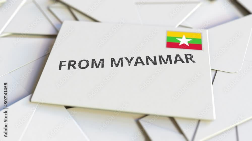 Letter with From Myanmar text on pile of other Letters. International mail related conceptual 3D animation Letter with From Myanmar text on pile of other Letters. International mail related conceptual 3D animation
