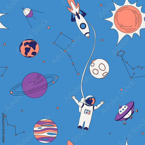 Pattern of space elements, planets, UFOs, rockets, astronaut and stars.