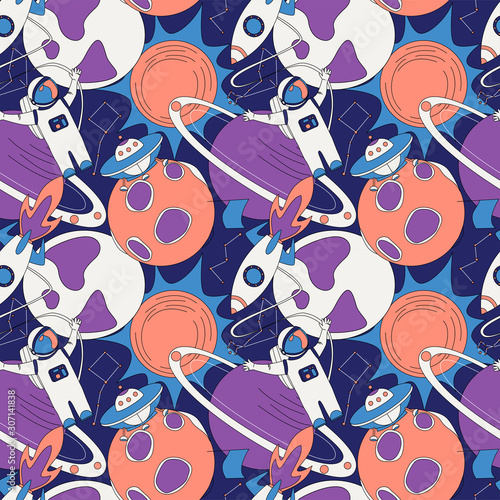 Pattern of space elements, planets, UFOs, rockets, astronaut and stars.