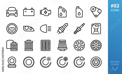 Car parts icons set. Set of engine, motor oil, oil can, air filters, oil filters, winter tires, allow wheels, summer tyres, car light, headlight, head lamp, spark plug, steering wheel isolated icons