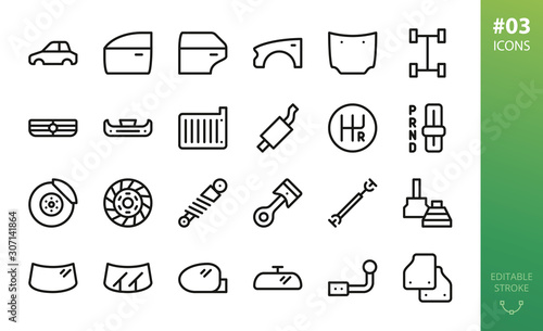 Car parts icons set. Set of car body, car door, fender, hood, grille, brake disk, piston, mats, windshield, wipers, side mirror, cv joint, shock absorber, drive shaft vector outline icons