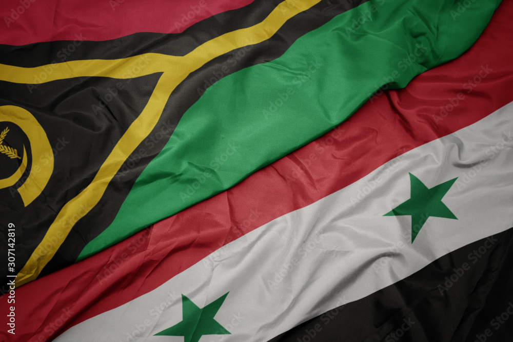 waving colorful flag of syria and national flag of Vanuatu .