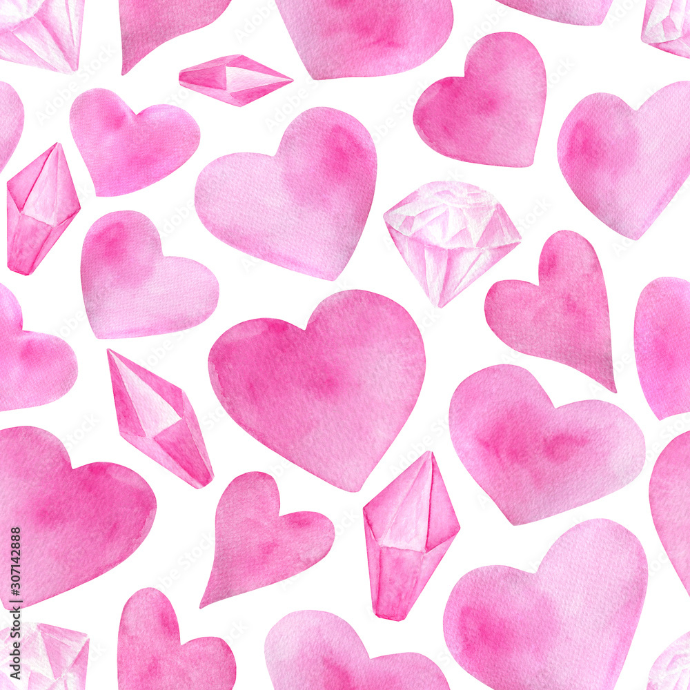 Watercolor romantic seamless pattern for Saint Valentine's Day. Hand drawn pink hearts, diamonds. Elements isolated on white for greeting cards, wrapping, printing