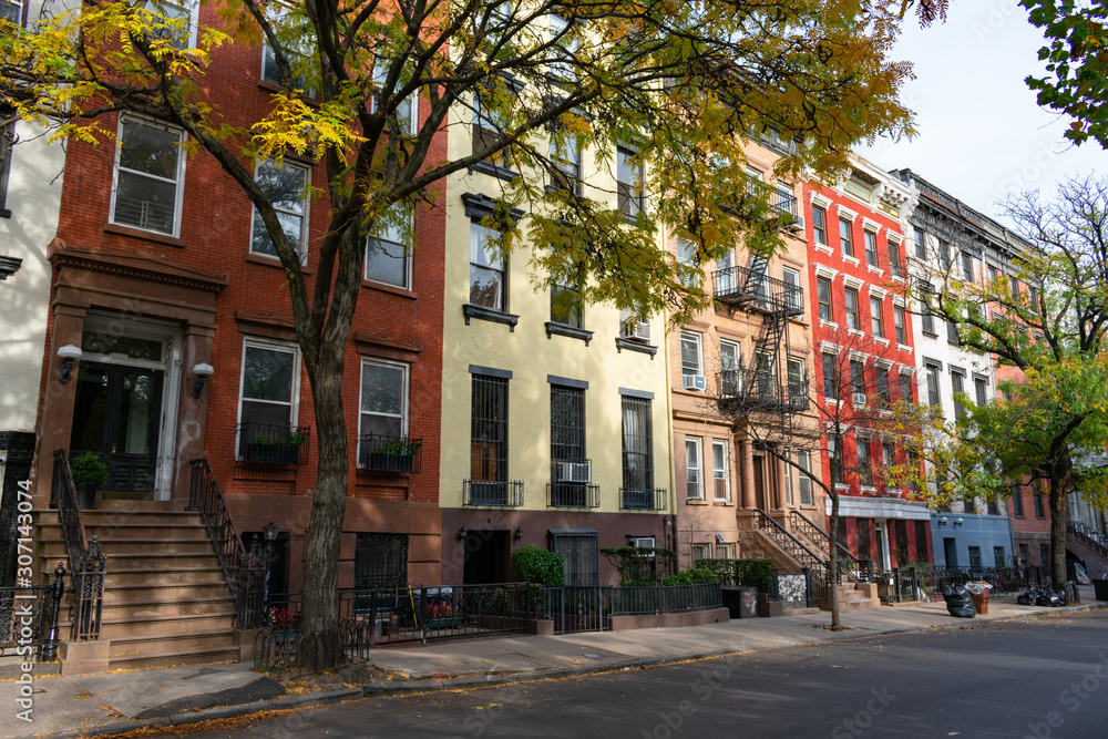 Row of Colorful Old Brick Homes in the East Village of New York City