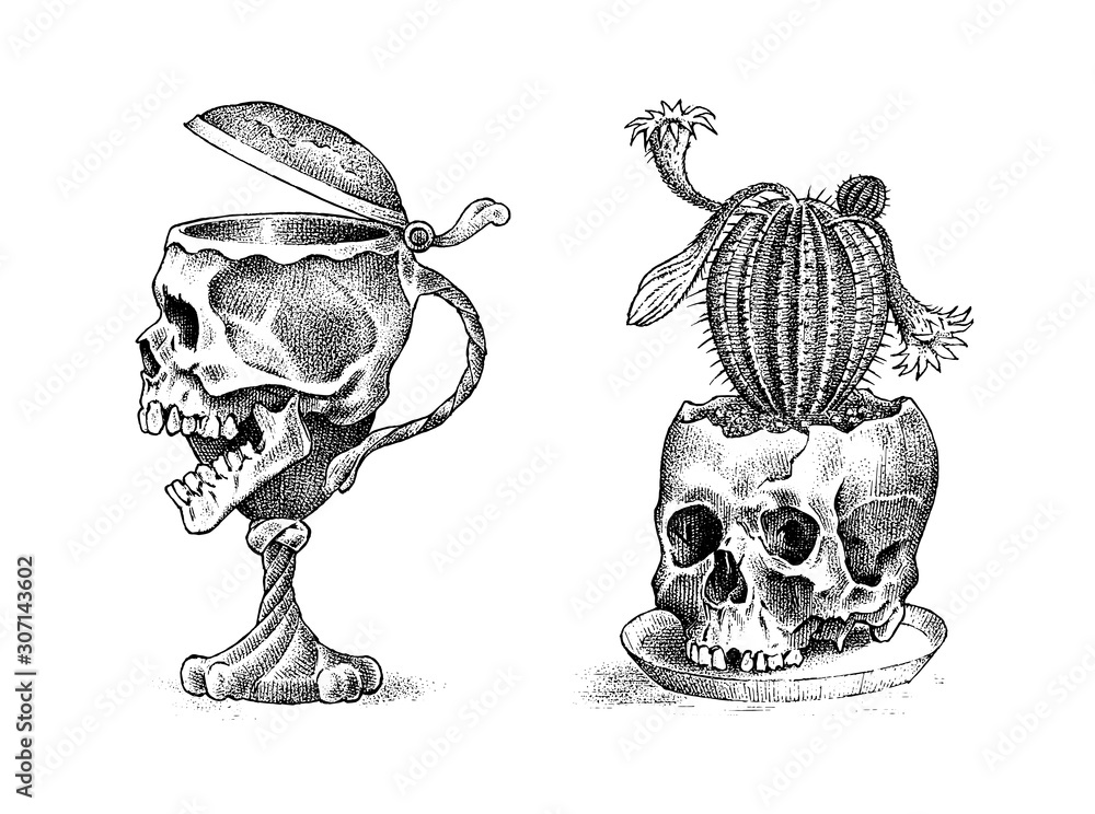 Fototapeta premium Human skull in the form of a wine goblet and cactus. Retro old school sketch for tattoo in vintage style. Monochrome Symbol. Hand drawn engraved retro badge for t-shirt, banner, poster and logo.