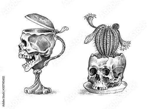 Human skull in the form of a wine goblet and cactus. Retro old school sketch for tattoo in vintage style. Monochrome Symbol. Hand drawn engraved retro badge for t-shirt, banner, poster and logo.