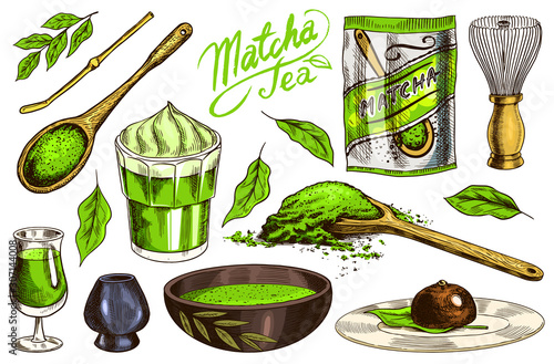 Matcha green tea set. Organic powder, bamboo whisk chasen, bowl chawan, spoon chashaku for Japanese ceremony. Healthy coconut milk latte. Engraved hand drawn Vintage sketch for poster.