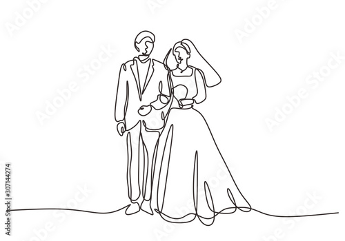 Continuous one line drawing of wedding couple. Man and woman standing with dress and gown.