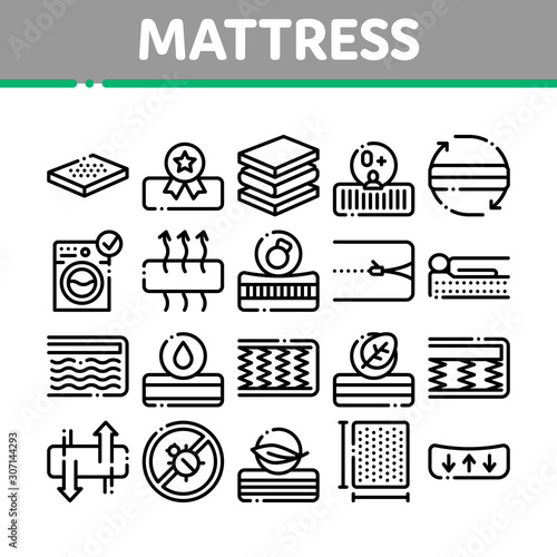 Mattress Orthopedic Collection Icons Set Vector Thin Line. Bedding Soft Mattress With Memory For Support Healthy Spine From Foam Material Concept Linear Pictograms. Monochrome Contour Illustrations
